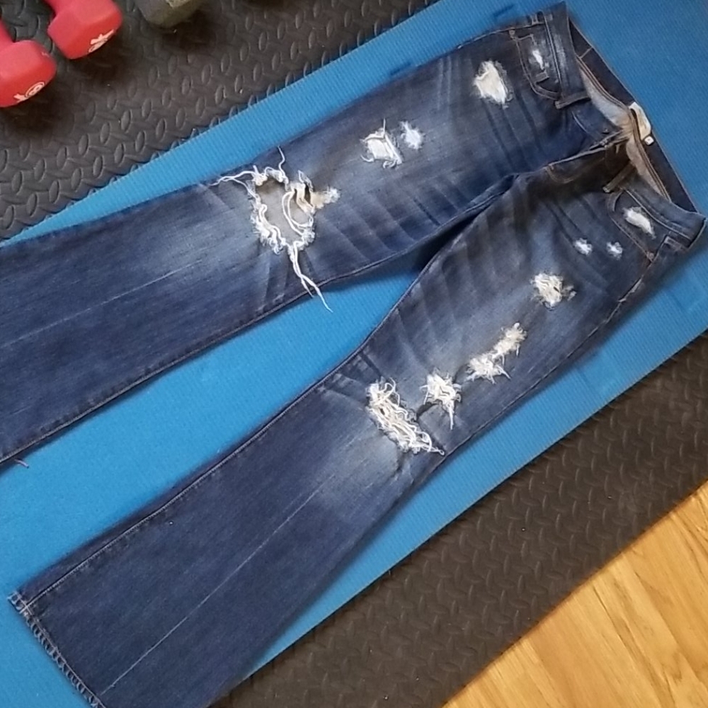 A&F Flare Wide Leg Jeans Distressed Boho Fringe